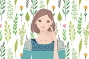 草花背景の女性のイラスト